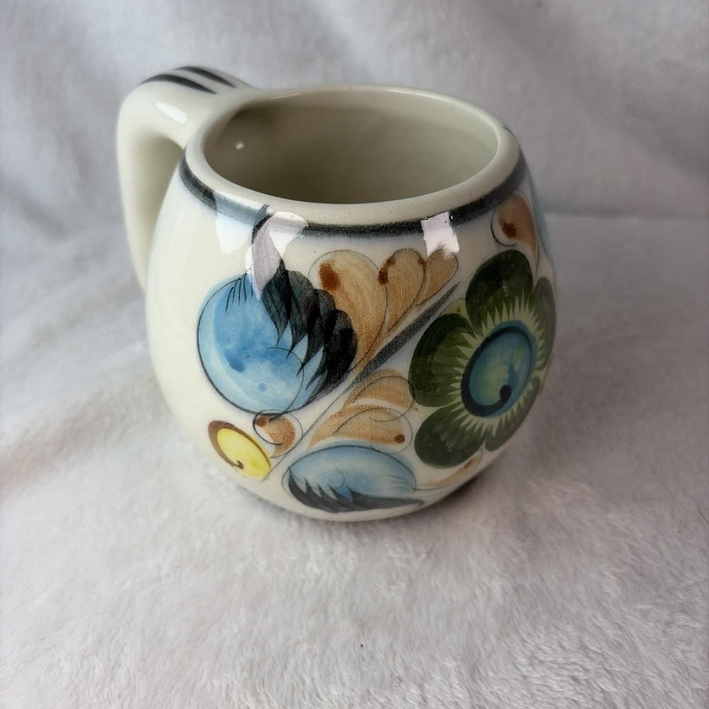 Vtg 70s Mexican Art Pottery Mug Hand Painted Ceramic Stamped Mexico Folk Art EVC